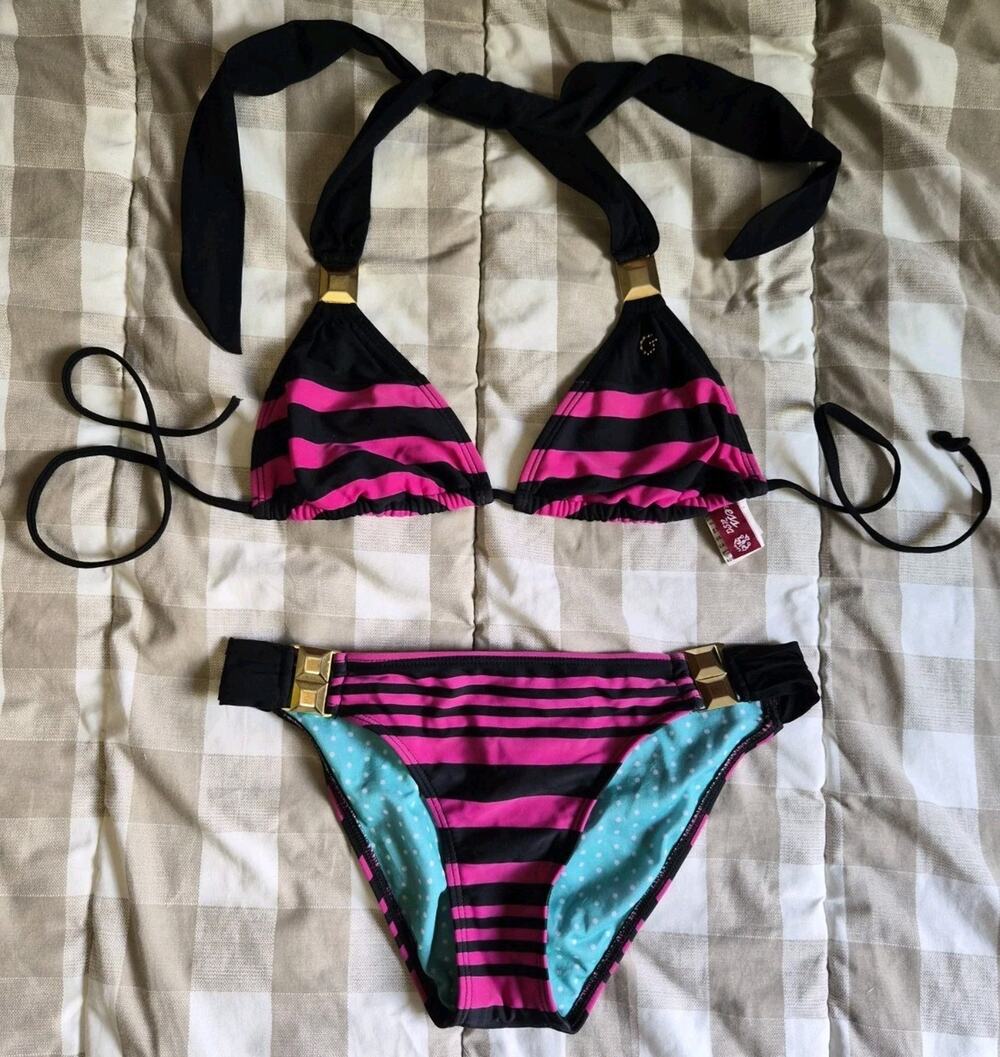 Size Small Y2K Guess Pink And Black Striped Bikini Set With Gold Accents Tieback